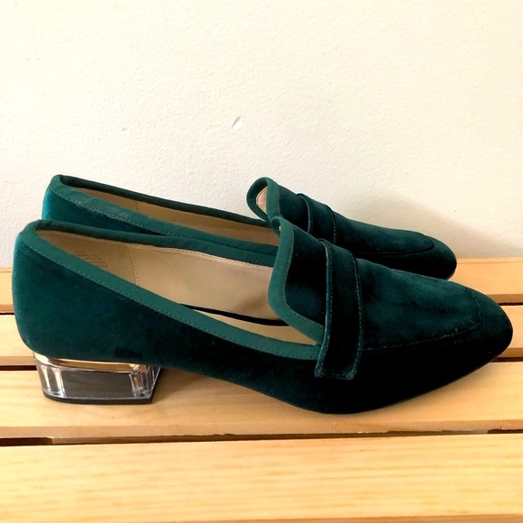 Nine West Shoes - Nine West Green Velvet Umissit Clear Heel Loafers Size 11